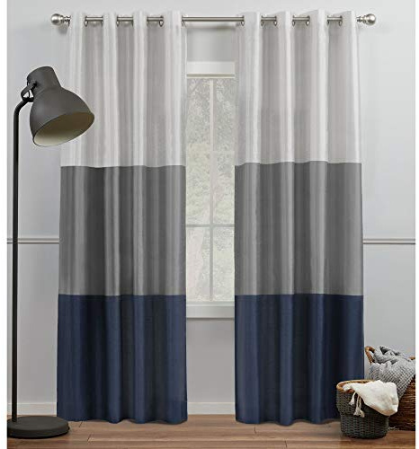 Exclusive Home Chateau Navy Blue Grey Striped Faux Silk Curtain 54 x 96