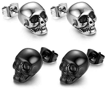 Reccisokz 2 Pairs Skull Ear Piercings,Earrings Studs,Men's Earrings,Skull Stud Earring,Style of Hip Hop,Punk,Jazz,Stainless Steel,Ear Jewellery for Men and Women - Black and Silver
