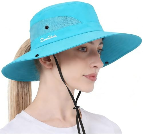 Pesaat Sonnenhut Damen UV Schutz Fischerhut knautschbarer Wasserfester Sommerhut mit Kinnband gartenhut Boonie hat damenfür Gartenarbeit Reisen Wandern Angeln (Blau-Einfarbig, Gr.Erwachsener)