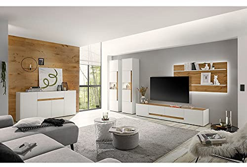 Lomadox Wohnzimmer Set 5-TLG. mit Beleuchtung in weiß mit Absetzungen in Wotan Eiche Nb.