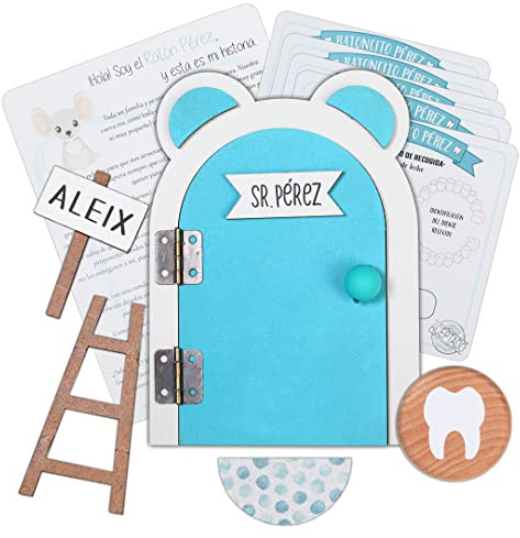 Puerta Ratoncito Pérez personalizable. Incluye escalera, alfombra, letrero con el nombre, cajita para dejar el diente, 5 certificados de recogida, historia del Ratoncito. AZUL