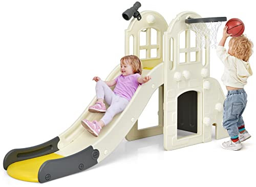 GOPLUS 6 in 1 Kinderrutsche mit Basketballkorb, Multifunktionale Babyrutsche mit 140cm Rutschbahn, Ringwurfspiel, Tunnel & Fernglas, Gartenrutsche aus HDPE mit Abnehmbarem Pedal für 3-8 Jahre (Gelb)