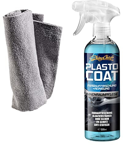 ShinyChiefs PLASTO COAT - seidenmatte Farbauffrischung für den Auto-Innenraum - Für Leder, Kunstleder, Kunststoff, Gummi und Vinyl - Schutz vor UV-Strahlung - wasserabweisend, 500ml & Microfasertuch