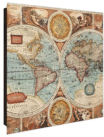 banjado Großer Schlüsselkasten Glas - Schlüsselbox 30x30cm mit 50 Haken - Schlüsselkasten modern für Schlüsselaufbewahrung mit beschreibbarer, magnetischer Glastür - Motiv Weltkarte