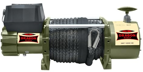 DRAGON WINCH Elektrische Seilwinde 24V Truck 18000 lbs / 8165 kg mit Synthetikseil 21m für Feuerwehren, Nutzfahrzeugen, Lieferwagen mit kabelgebundener und kabelloser Fernbedienung + Winde Zubehör