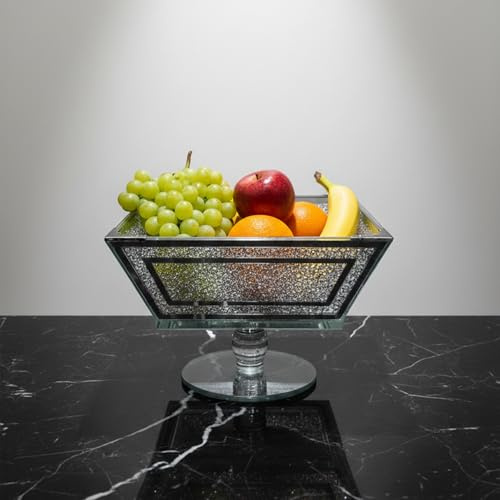 BMLIMITED BML Crystal Crushed Diamond Fruit Bowl Silver Metal Square Fruit Basket Luxury Bling Centrepiece Decorative Storage Bowl for Dining Table Kitchen Counter Wedding Home Decor