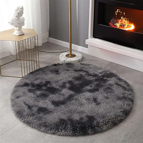 SK Studio Runden Hochflor Teppich Wohnzimmer rutschfest Fellteppich Shaggy Flauschig Weich Modern Teppiche für Schlafzimmer Wohnkultur Batik-Dunkelgrau, 120x120cm