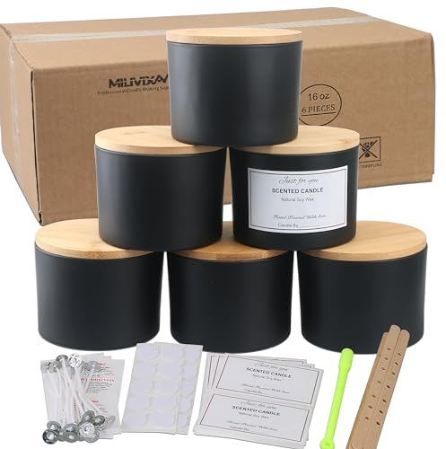 MILIVIXAY Paquete de 6 tarros de vela de 16 onzas con tapas de bambú y kits de fabricación de velas, tarro de vela de 3 mechas, tarros de vidrio grueso negro mate vacíos a granel para hacer velas