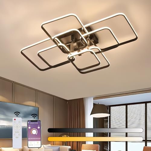 KZT LED Deckenleuchte mit Fernbedienung APP Moderne Dimmbare Wohnzimmerlampe 90CM Rechteckig Deckenlampe Acryl Schlafzimmer Lampe 100W Deckenbeleuchtung für Büro Esszimmer Küche Deckenlampen, Schwarz