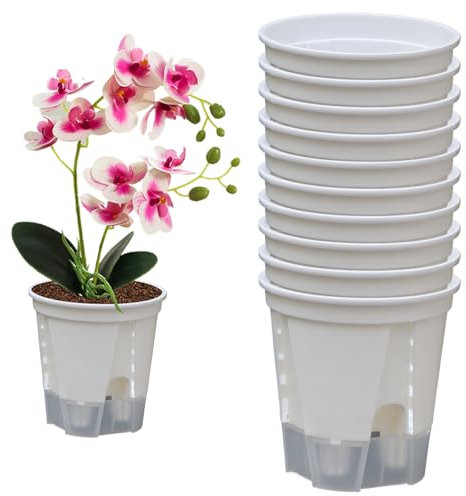 Selbstbewässerungstopf 10pcs atmungsaktivem Orchideen Topf Selbstbewässerungsplanter mit Entwässerungsloch 5,5 Zoll nachfüllbare Selbstbewässerung Blumentöpfe für Home Office Weiß + transparent