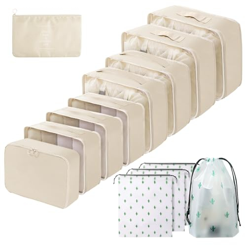 Gemtte Koffer Organizer Set 13-teilig, Wasserdicht Packing Cubes, Multifunktionale Travel Packwürfel, Kofferorganizer Packtaschen für Koffer, Reise Organizer Set Mit Kleidertaschen (Beige)