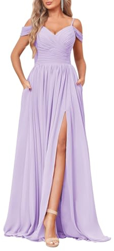 YIANN Schulterfreies Brautjungfernkleid für Damen, mit Taschen, Seitenschlitz, Chiffon, langes formelles Kleid, Flieder, 48