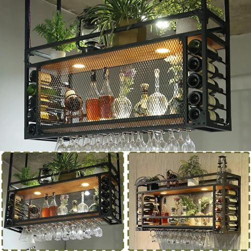 Industrieller Metall-Deckenregal aus Glas, Barschrank, Regale, schwarz, multifunktional, 2-lagig, Flaschenhalter für Zuhause, Restaurant und Bars, 125 x 30 x 50 cm