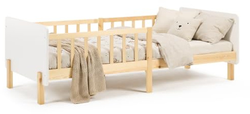 Homestyle4u Kinderbett 90x200 mit Rausfallschutz & Lattenrost Weiß Natur
