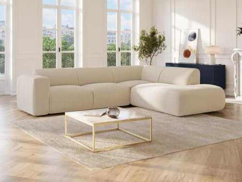 Vente-unique-Großes Ecksofa mit Recamiere mit Rückenlehne - Ecke rechts - Samt-Stoff - Beige - POGNI von Maison Céphy