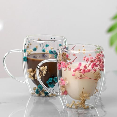 2 Stück Blumen Geschenke Für Frauen Getrocknete Blumen 350ml Doppelwandige Gläser Teetasse Mit Griff Isoliert Hitzebeständig Für Cappuccino, Tee,Weihnachten Geschenk Geschenk Für Freundin Lehrer Paare