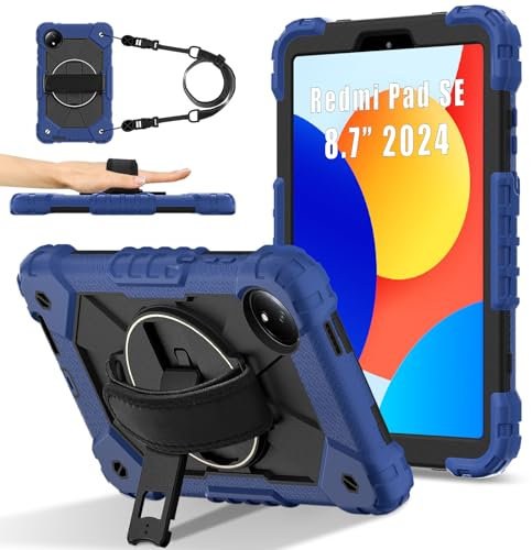 Compatibile con Xiaomi Redmi Pad SE 8.7 4G Rilasciato 2024, resistente TPU Cover 360 Rotante Cinghia da Polso e Supporto+Tracolla per Redmi Pad SE 8.7 4G Tablet Case (Navy Nero)