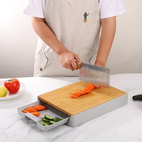 ADESUGATA Tabla de cortar de bambú con bandeja de cajón deslizante, tabla de cortar resistente con cajón deslizante, tabla de cortar multifuncional para el hogar