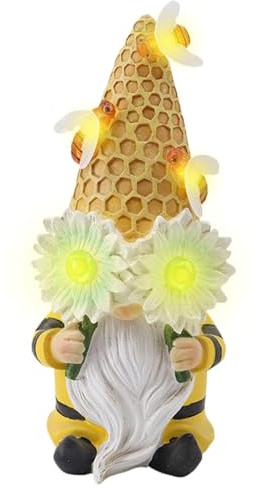 Décorations de nains solaires pour patio, statue de nain en résine | Sculpture de figurines de nain de jardin avec design d'abeille, décorations extérieures de la statue de la décoration de Luc