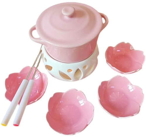 KANLVU Céramique Appareil Fondue Chocolat Rose Service à Fondue Au Fromage avec Couvercle Crème Glacée Dessert Set Chauffe-Beurre Service à Fondue