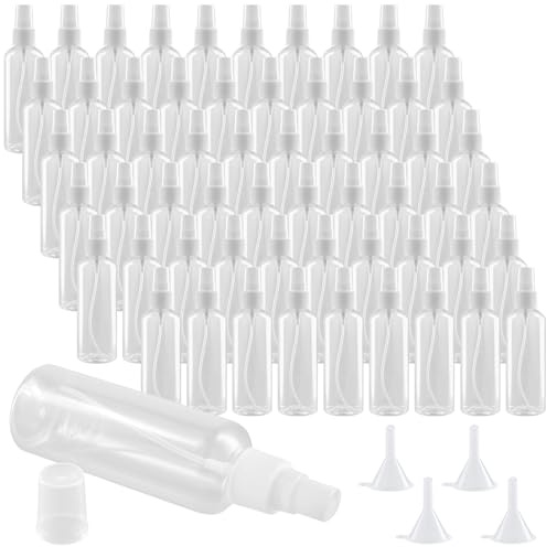 MUKSUET 60PCS Plastic Spray Bottles, 100ml Clear Empty Fine Mist Travel Bottles, Refillable Small Containers with Funnels, for Makeup, Cosmetic, Skin Care, Toiletries