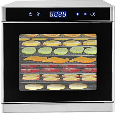 Essiccatore in acciaio inox, con regolatore di temperatura, 6 vassoi di essiccazione in acciaio inox, timer 24 ore, display LED (35°-75°C) e 700W, asciugatura per frutta, funghi e carne.