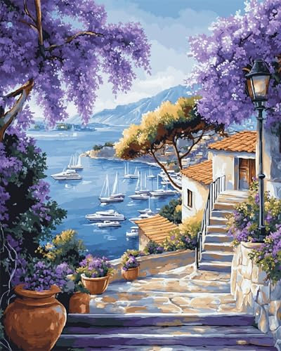 N.LANSHAN DIY Knüpfteppich Zum Selber Knüpfen Blumenlandschaft Eines Fischerdorfes Am Meer Knüpfpackungen Für Teppiche Mit Bunten Mustern,Stick- Und Nähset 80x115cm