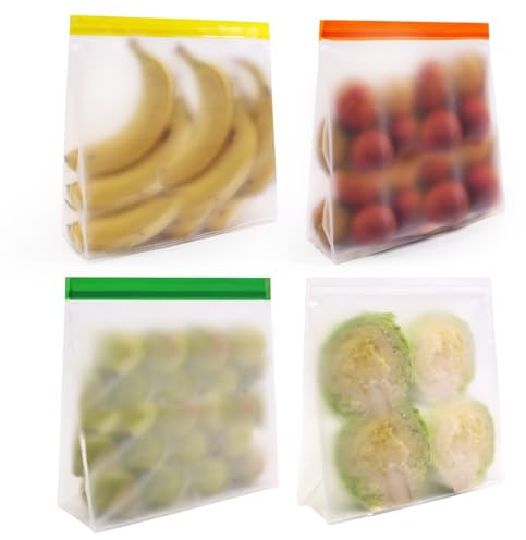 SumDirect Stand-Up Reusable Freezer Bags - PEVA Resealable Food Ice Ball Storage Bags, BPA-Free, Dishwasher & Freezer Safe,Leak-Resistant, Secure Seal for Meal Prep, Snacks, Ice Cubes, 4 Pcs (4, XL)