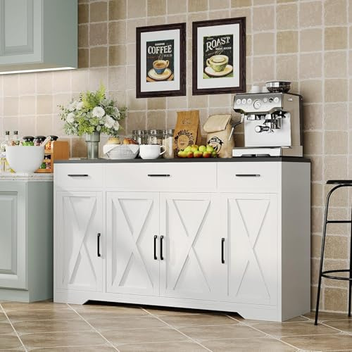 Modern Buffet Sideboard Kitchen Storage Cabinet With 3 Drawers, 55 Large Farmhouse Buffet Cabinet With Shelves and Doors, Wood Coffee Bar for Living Room Dining Room Hallway (White Black)