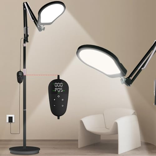 Tageslichtlampe 10000 Lux bei 30 cm, höhenverstellbare Tageslichtlampe Stehlampe für Schreibtisch & Büro, Tageslicht Lampe mit Kabelsteuerung, 3 Farben, 5 Helligkeitsstufen, Timer, Schwarz