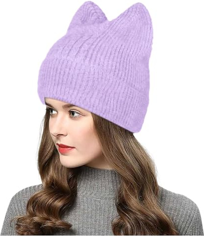 Generisch Wintermütze Mit Ohrenklappen Frauen Stricken häkeln süße pelzige Plüsch Katze Hut mit Ohr Slouchy Wolle Faux Winter warme Hüte Russen Mütze (Purple, One Size)