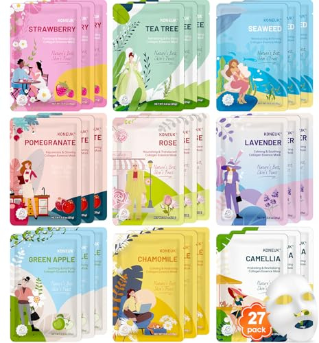 KONEUK 27 Pack Collagen Sheet Face Masks Skincare for Women, Bulk Hydrating Face Mask Set for Dry Skin, Moisturizing Facial Masks for Skin Care, Mothers Day Gifts, Teacher Gifts and Nurses Week Gifts