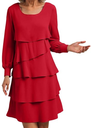Mini robe pour femme avec volants gradués - Robe trapèze à manches longues - Robe tunique décontractée pour le quotidien et les loisirs, Style A04 rouge, M