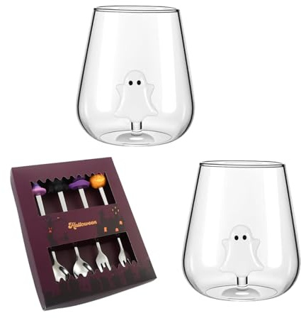 Lot de 2 verres à vin sans pied pour Halloween, fantôme et citrouille, pour fête, vin, eau et jus, avec ensemble de 4 couverts en bonus (C-2 pièces)