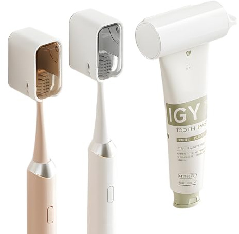 EJRUP 3 Pièces Antipoussière Support Brosse a Dent Electrique et Presse Dentifrice, Porte Brosse à Dents Autocollant Murale sans Perçage, Porte Brosse à Dents Electrique pour Salle de Bain