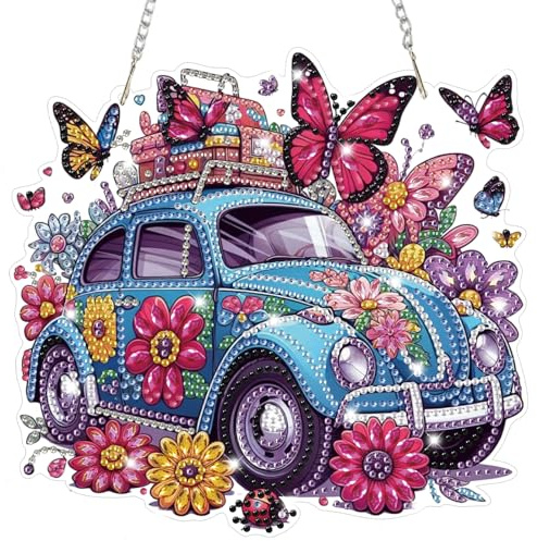 Lxmsja Car Diamond Art Hanging Kits for Adults, Diamond Art Suncatchers Flowers, 5D Special Shape Diamond Painting Butterfly Pendant Window Ornament Gifts for Home Wall Garden Door Decor