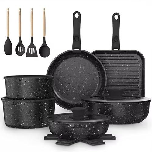 YASHE Set di pentole e padelle da 21 pezzi con manici staccabili – Nero