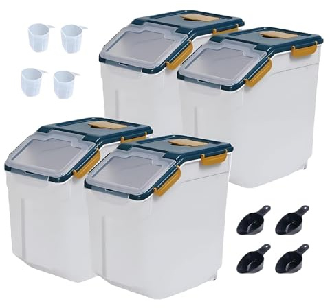 ANMOO 4 Pack 10KG Airtight Flour Storage Containers, Rice Container (Blue) | BPA-Free Large Rice Storage Container Bin with Wheels, Locking Lid, Measuring Cup for Rice, Flour, Grain, Cereal Dry Food