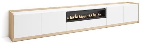 Skraut Home | Mueble TV | Muebles de salón, almacenaje | 310x50x37 cm | para televisión hasta 80 | Chimenea eléctrica | Estilo Moderno | Blanco y Roble Soft