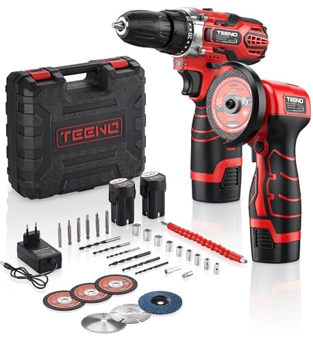 TEENO Kit perceuse à percussion et meuleuse d’angle sans fil 16,8 V – 25+1 réglages de couple (45 Nm), meuleuse 19 500 tr/min, 2 batteries fournies, pour bricolage, menuiserie et réparation automobile