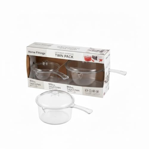 Home Fittings ® Set Easy Cook Polly Carbonate Non-Staining Microwave Saucepan and Lid, Clear Transparent 850ML & 550ML BPA Safe (Pack of 2) Sauce Pan