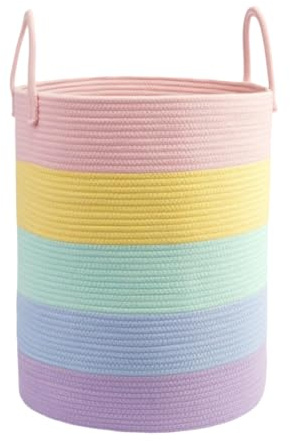 Large Toy Basket by Colorful Rope, Laundry Baskets, Round Cotton Rope Blanket Basket for Room Toy, Bed Room Dirty Clothes, a Living Room Clutte