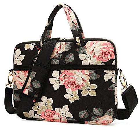 kayond Black Rose Patten Canvas Laptop Shoulder Messenger Bag Case Sleeve for 13.3 Inch Laptop and Macbook Air 13,Macbook Pro 13/14 (13-13.3 inch, Black Rose)