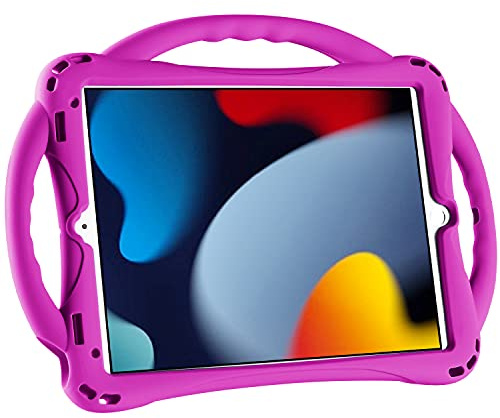 TopEsct Barnfodral för iPad 9:e/8:e/7:e generationen 10,2 tum, inbyggt handtagstativ, levereras med en rem, stöttåligt silikonfodral för iPad 10,2 tum 2021 (lila)