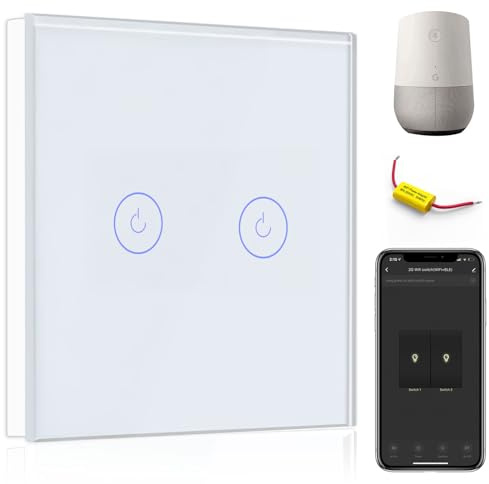 BSEED Smart Lichtschalter,2 Fach WiFi Touch Schalter arbeitet mit Alexa und Google Home,Glas Touchscreen Schalter mit Smart Life APP Steuerung und Timing-Funktion Weiß(NO neutraler Draht)