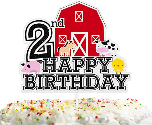 Farm Animal Cake Topper for Boys Girls Baby Show 2nd Happy Birthday Cow Horse Farm HouseTheme Party Decoration Supplies Domestic Horse Pig Cake Decor Cheer to 2 Years Old