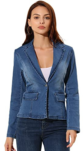 Allegra K Women's Notched Lapel One Button Long Sleeve Washed Business Denim Blazer Large Mid Blue