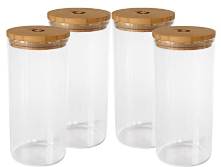 pandoo Vorratsgläser-Set mit Bambus Deckel | Aufbewahrungs- und Vorratsdosen | Vorratsbehälter inkl. Etiketten und Kreidestift | Ordnungsfan-Set (4x1300ml)
