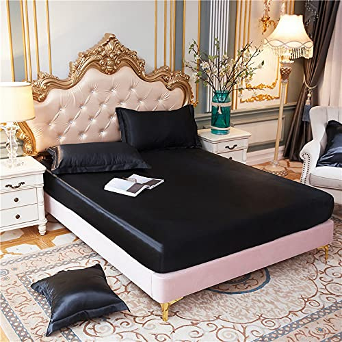 HAIBA Sommerbett Spannbettlaken Ice Silk Bettlaken Waschbares Set Natürliche wasserdichte Tagesdecken rutschfest Fixiert,Schwarz,120x200+25cm