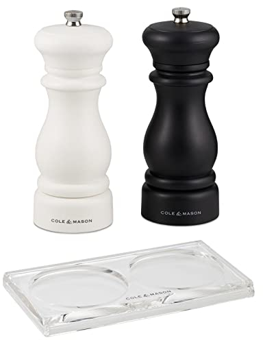Cole & Mason 3-tlg. traditionelles Salz- & Pfeffermühlen Set 16 cm schwarz-weiß mit Tablett aus Acryl